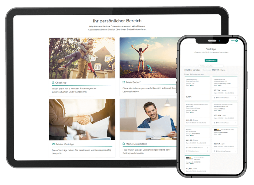 Tablet und Handy übereinander gelegt mit Übersichet der persönlichen Versicherungsapp